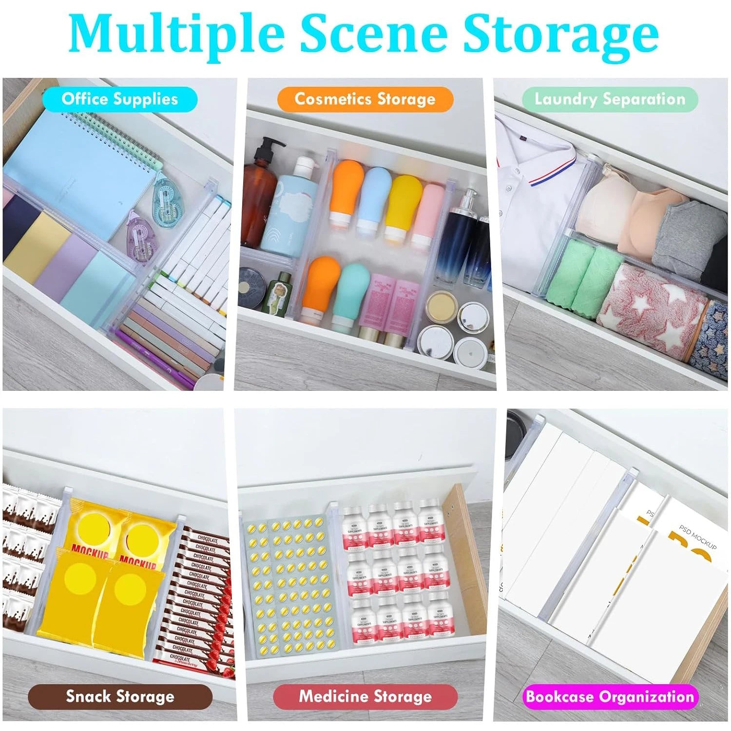 6/8/10/12-Pack Adjustable Drawer Organizers, Clear Expandable Dresser Organizers for Storing Clothes Kitchen Utensils
