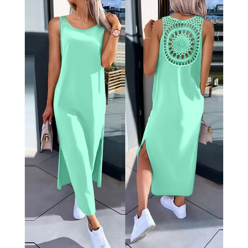 Summer Casual Temperament Fashionable Slim Fit Solid Color Round Neck A-line Skirt Lace Lace Lace Back Sleeveless Slit Dress