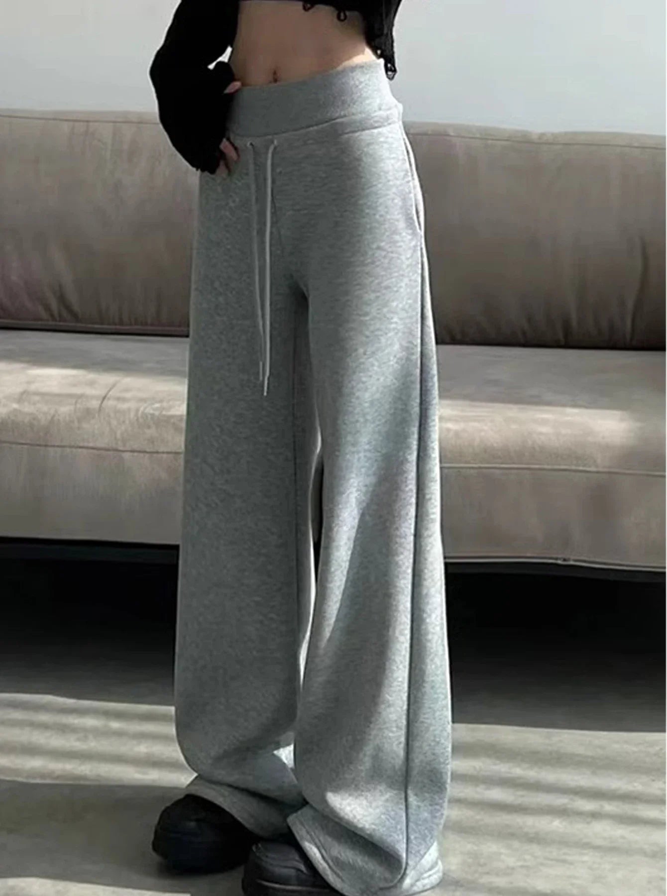 Women High Waist Drawstring Wide Leg Sweatpants Casual Loose Solid Color Straight Trousers Soft Sports Jogger Pants Streetwear