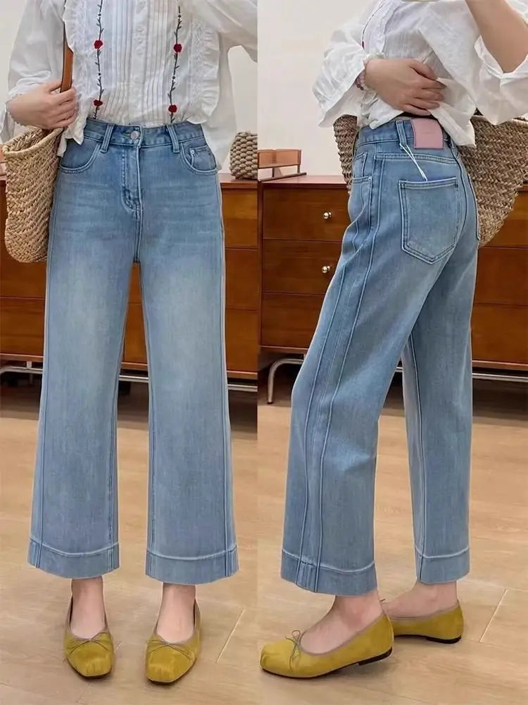 Retro Fashion Solid Color Holiday Denim Straight Pants Women's Summer Large Size High Waist Thin Wide Leg Nine-point Pants