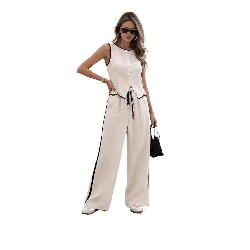 Summer 2026 Women's Color Block Sleeveless Single Button Vest And Drawstring Pants Set Fashionable Casual Outfit Polyester