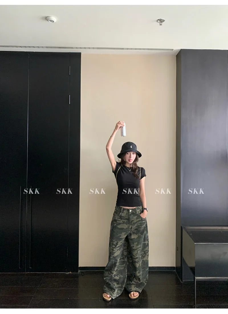 YJKDYK High Waist Camouflage Workwear Jeans Women's Autumn Spring American Retro Wide Leg Floor-Length Pants Trendy High Street