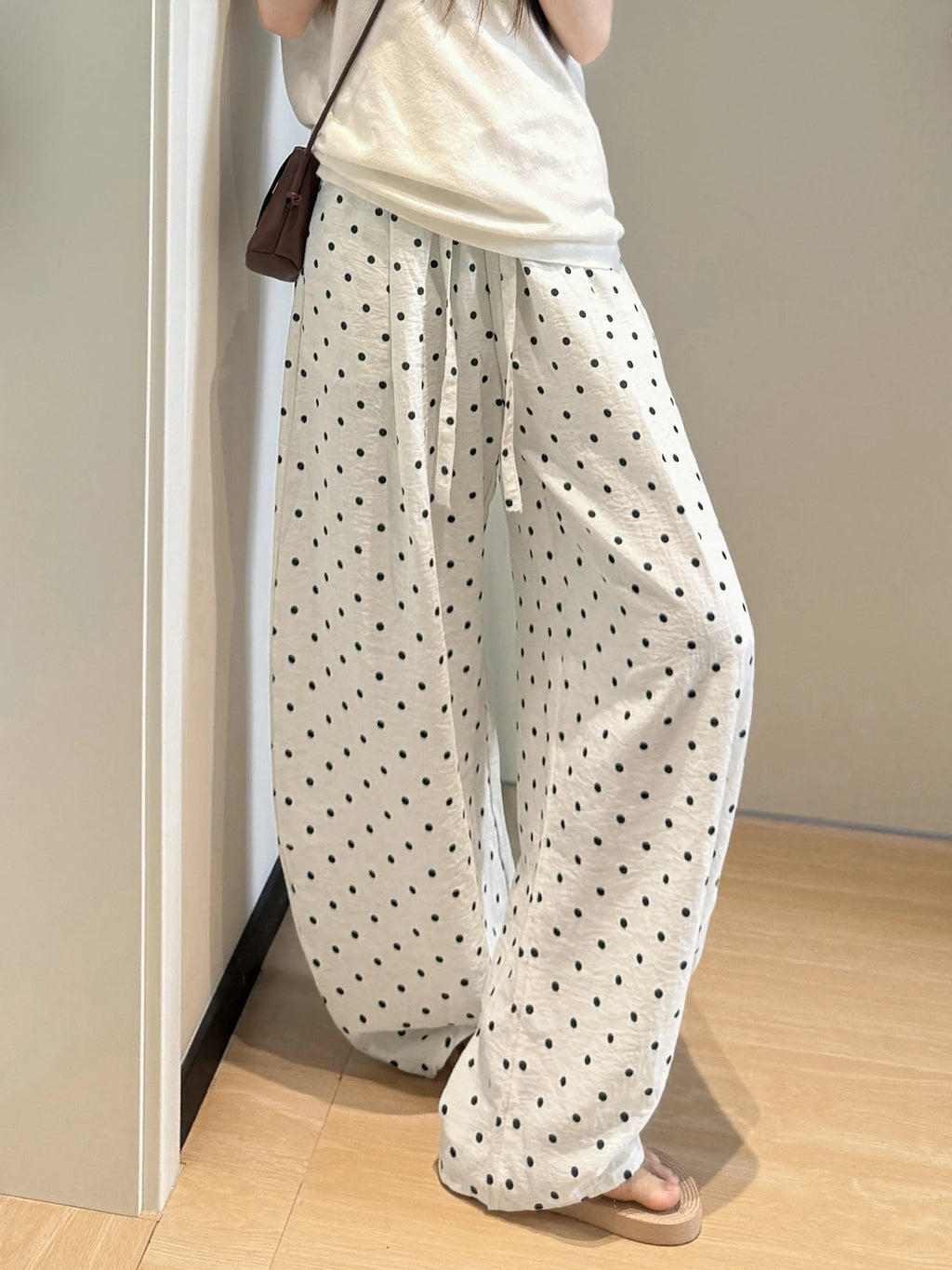 Linen Polka Dot Wide-Leg Pants for Women's Summer, Thin High-Waisted Loose and Laid-Back Style Yamamoto Pants, Casual Straight-L