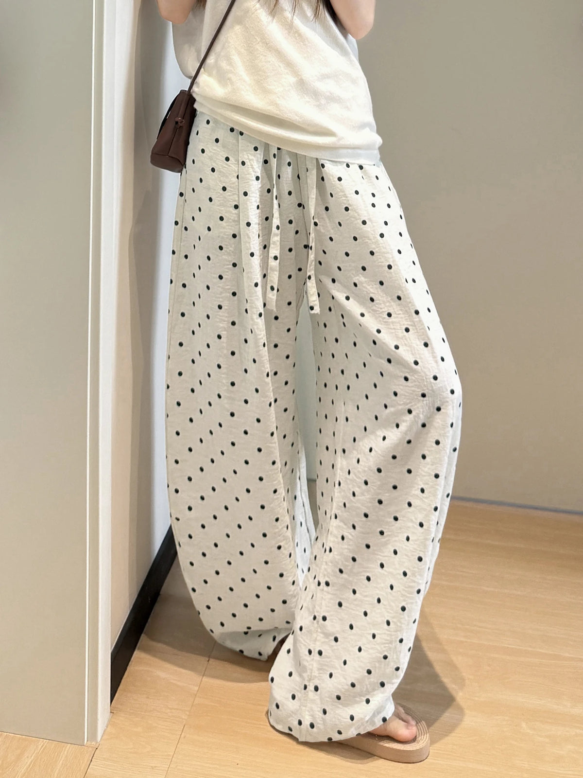 Linen Polka Dot Wide-Leg Pants for Women's Summer, Thin High-Waisted Loose and Laid-Back Style Yamamoto Pants, Casual Straight-L