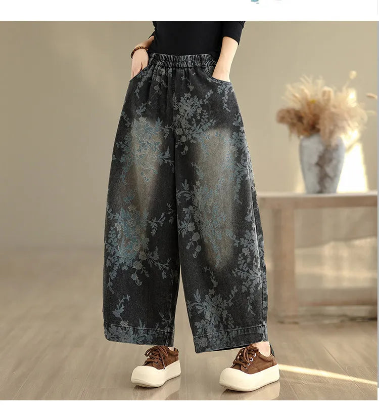 Spring Summer Retro Printed Denim Pants for Women Good Quality Elastic Waist Jeans Loose Casual Wide Leg Straight Trouser
