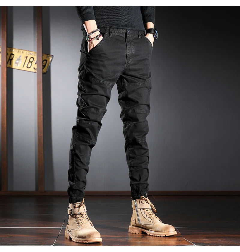 Streetwear Fashion Men Jeans Elastic Stretch Slim Fit Spliced Designer Casual Cargo Pants Hombre Hip Hop Joggers Men Overalls