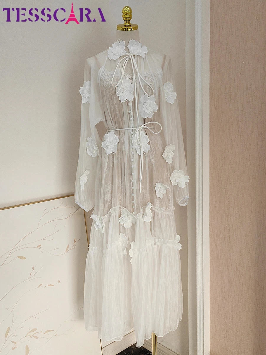 TESSCARA Women Elegant Appliques White Dress High Quality Long Luxury Wedding Cocktail Party Robe Vintage Designer Mesh Vestidos