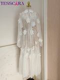 TESSCARA Women Elegant Appliques White Dress High Quality Long Luxury Wedding Cocktail Party Robe Vintage Designer Mesh Vestidos