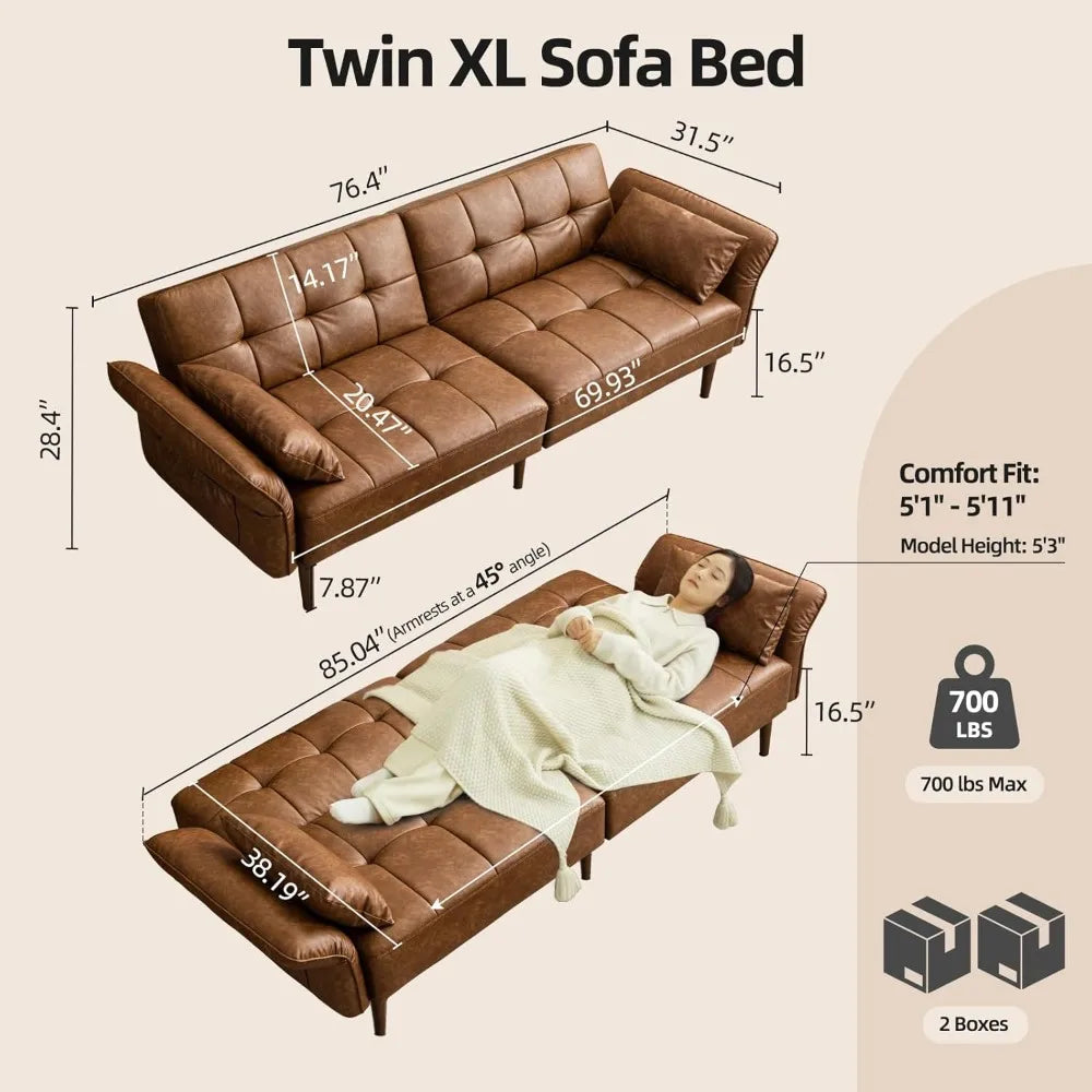 85 Inch Faux Leather Futon Sofa Bed Convertible Sleeper with Storage Adjustable Armrests Mid Century Modern Loveseat
