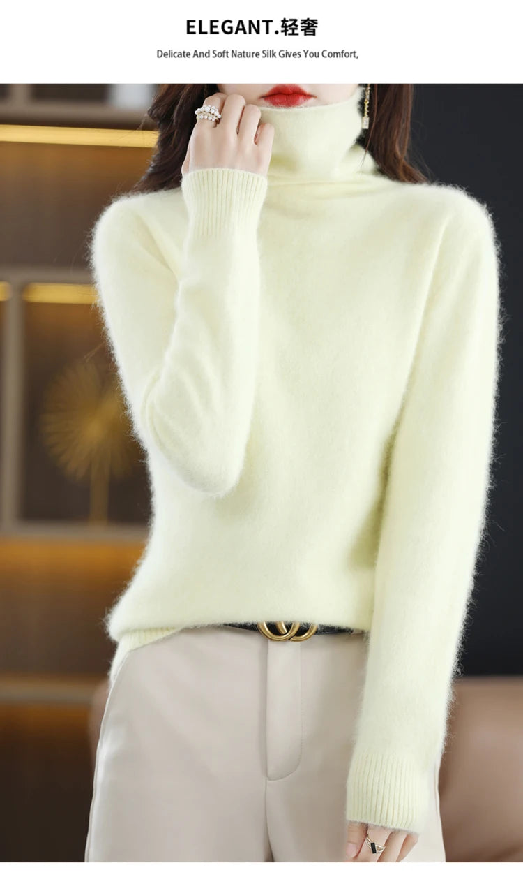 Women's Pile Collar 100% Mink Cashmere Sweater Winter High Collar Knitted Pullover Casual Short Thick Tops Loose Warm Base Shirt