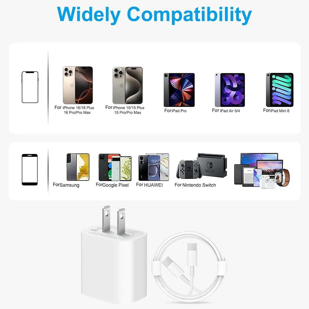 1-3Set 20W US USB C Port Fast Charger For iPhone 14 15 16 17 Pro Max Plus XR Xs 3.3 Ft USB C Fast Charging Cable Accessories