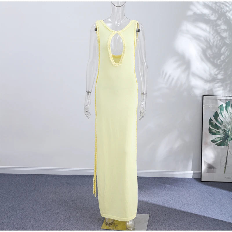 Women Solid Braided Trim Cutout Maxi Dress Sleeveless High Slit Bodycon Fit Gown 2026 Summer Elegant Evening Formal Party Outfit