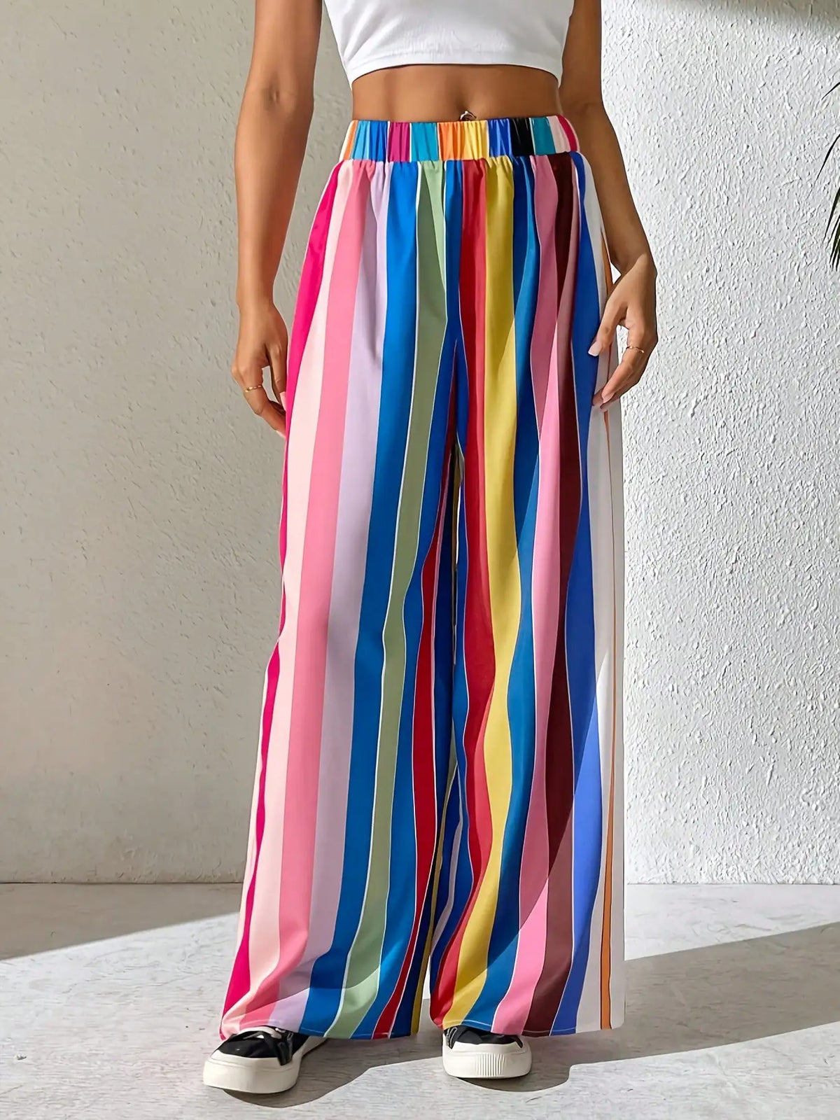 2026 Casual Women's Plus Size Elastic Waisted Colorful Striped Pants, Loose and Comfortable Wide Leg Pants, Long Pants