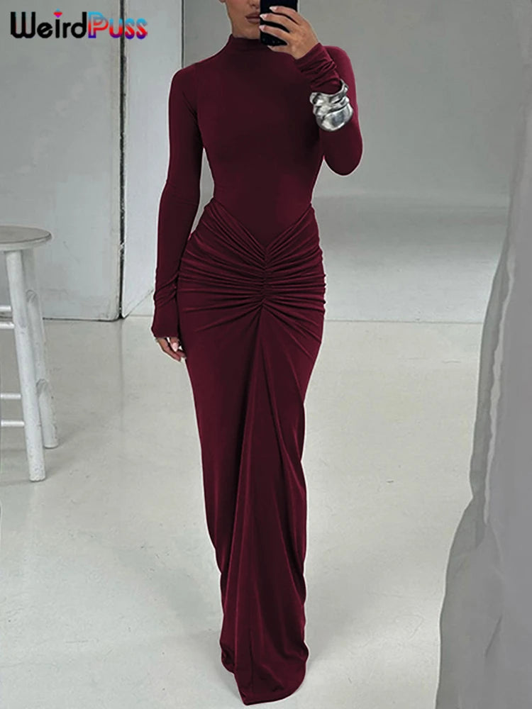 Weird Puss Hipster Ruched Dress Women O-Neck Full Sleeve Skinny Stretch Robe Autumn Trend Simple Classic Pleats Long Bodycon