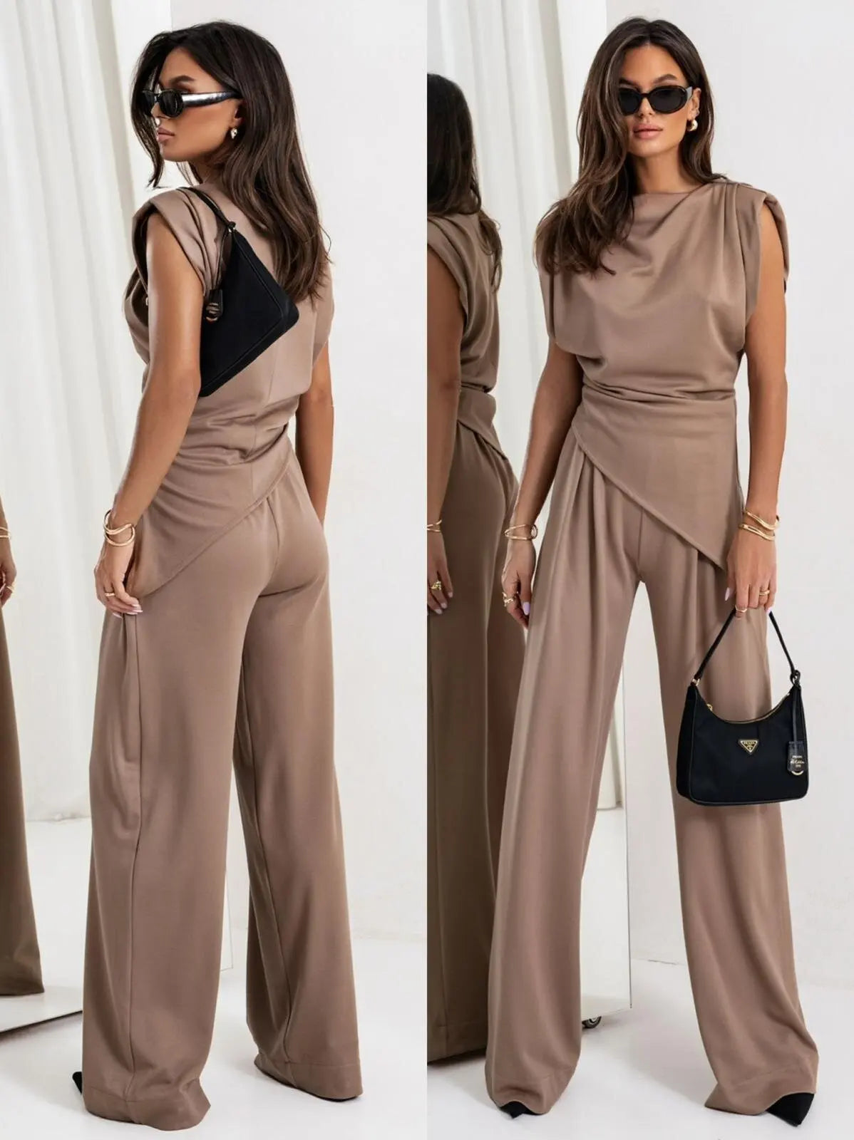 Womens Solid Color Irregular Short Sleeve Top And Wide Leg Pants Two Piece Outfit For Summer Casual Street Looks