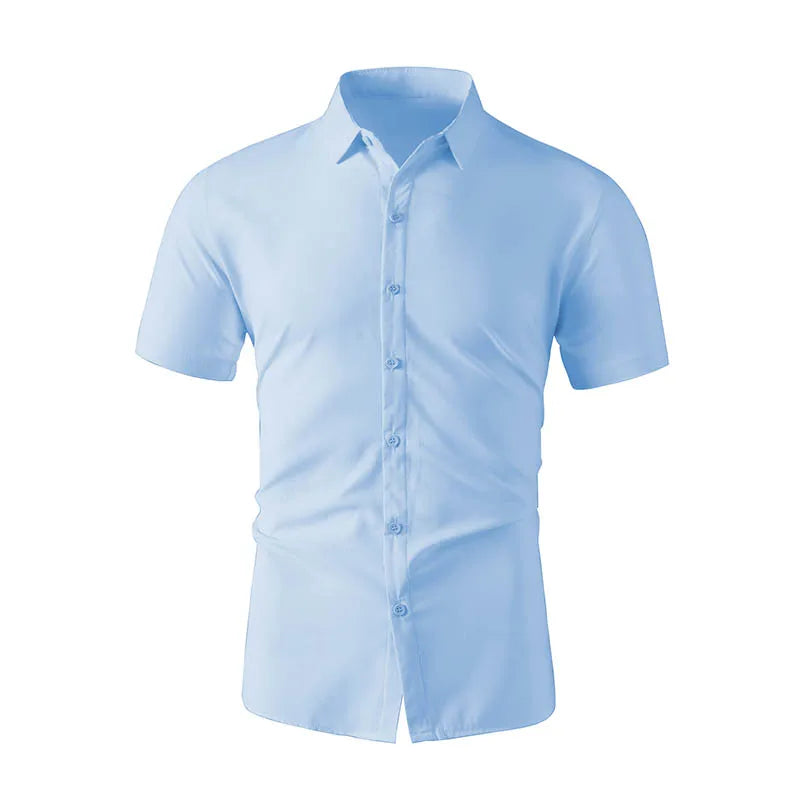 Casual Light Blue Short Sleeve Button Up Shirt for Men Versatile Collared Dress Shirt for Spring & Summer