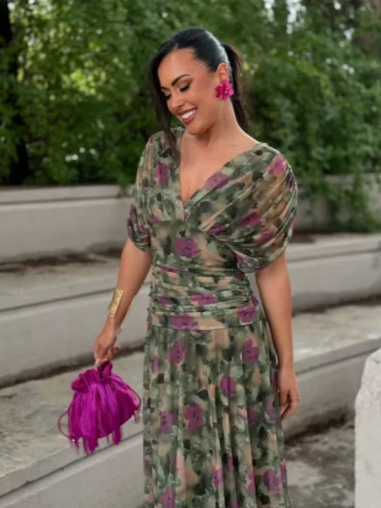 Women Solid Deep V-neck Mesh Long Dress Elegant Puff Short Sleeve Ruched Waist High Vestidos 2026 Summer Lady Casual Street Robe