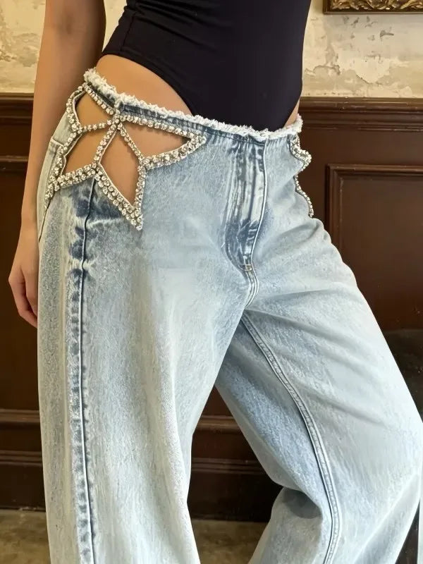 Y2k Two Hollow Out Star Ripped Jeans Women Casual 2026 Hot Sell Denim Pants American Streetwear Wide Leg High Waist Baggy Jeans