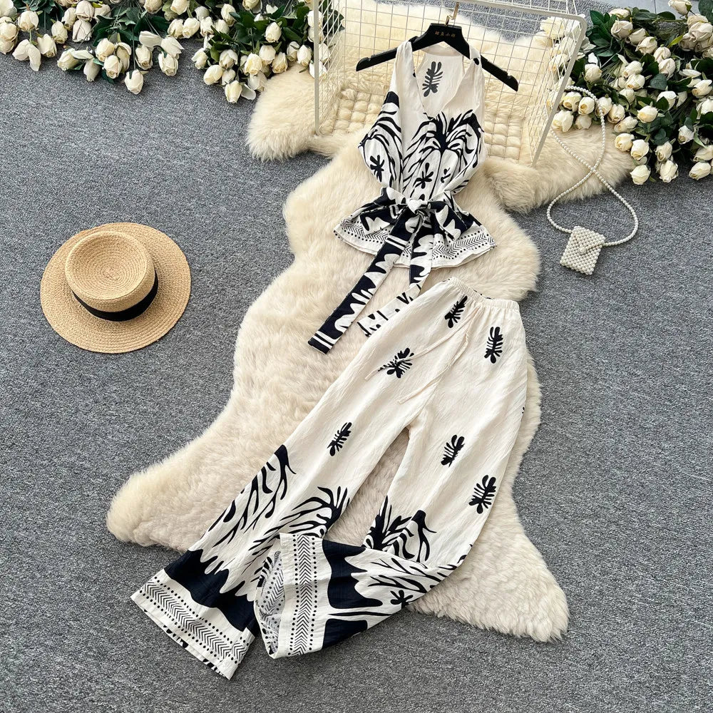SINGREINY Boho Print Vacation Suits Summer 2026 Sleeveless Lace Up Tank Top+Loose Wide Leg Pant Chic Lazy Casual Women 2pcs Sets