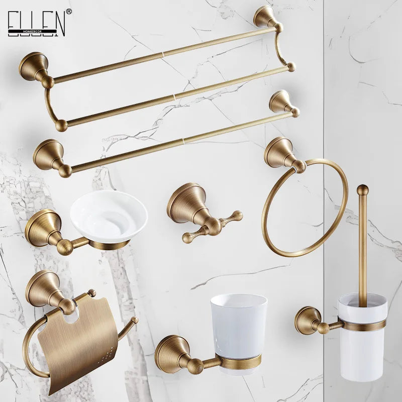 Antique brass plated wall-mounted towel rack bathroom hardware pendant set paper towel holder coat hook toilet brush ELA68A