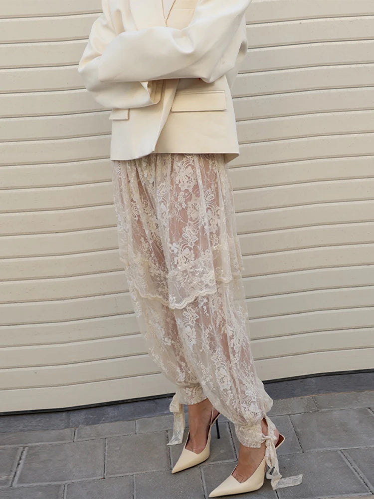 Sheer Floral Lace Tie Balloon Trousers High Waist 2026 Spring/Autumn Elegant Women Bottoms Fashion Chic Holiday Versatile Pants