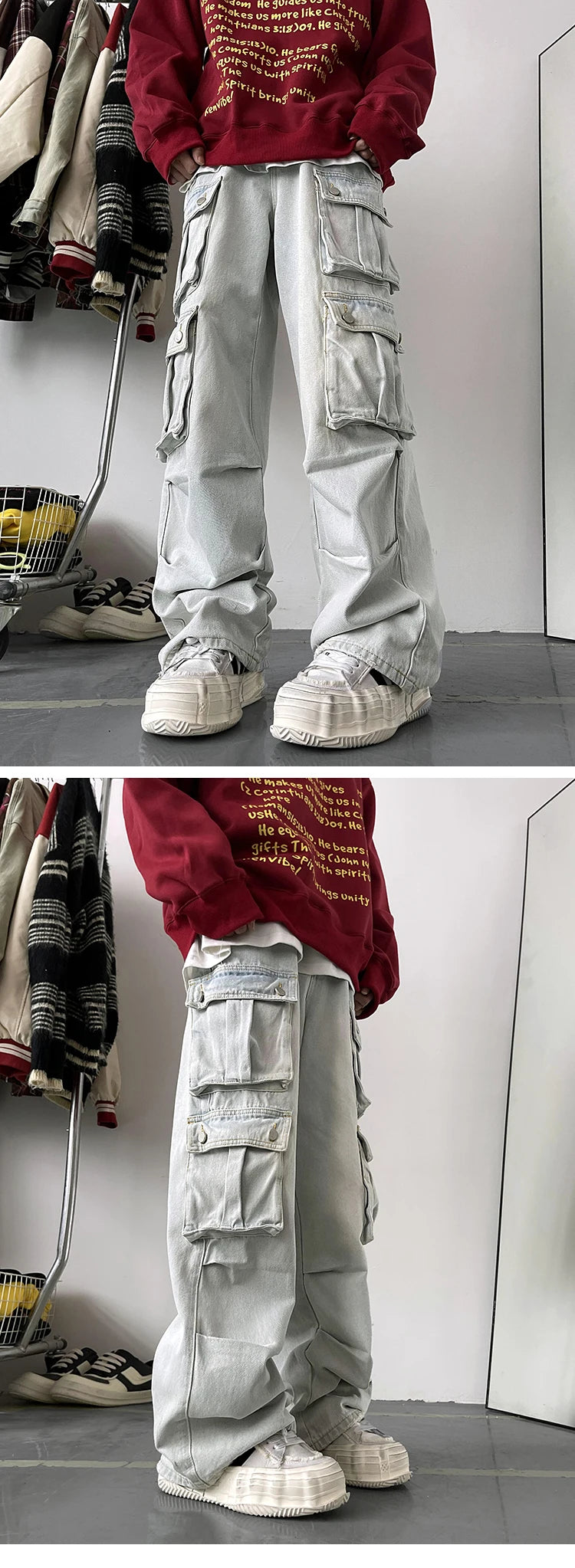 Cargo Jeans Men's Multiple pockets Patchwork Straight Casual Trousers Men Baggy Hip Hop Streetwear Loose Fashion denim Pants