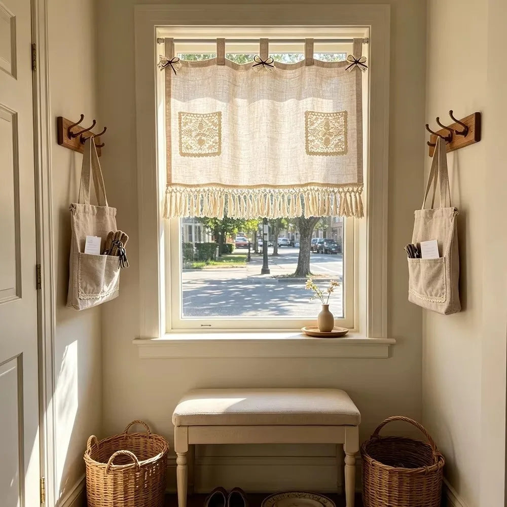 Vintage Oven Cover Curtain with Pocket Detachable Kitchen Stove Cover Skirt with Tassels Rustic Boho Curtain Panel Oven Door