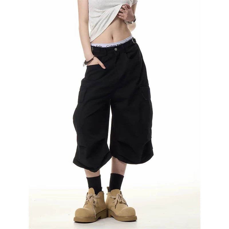 ZHIZOU Summer Women American Retro Black Jeans Shorts Y2K 2000s Harajuku Baggy Cargo Denim Shorts Streetwear High Street New