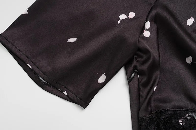 Satin Lace Patchwork Print Dress Women Black V-neck Short Sleeves High Waist Long Dresses Lady Hollow Out Daily Party Vestidos