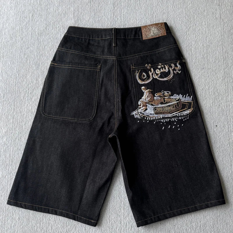New High Quality American Retro Derchutze Denim Shorts Embroidered Patterns Men's Straight Leg Pants Stock