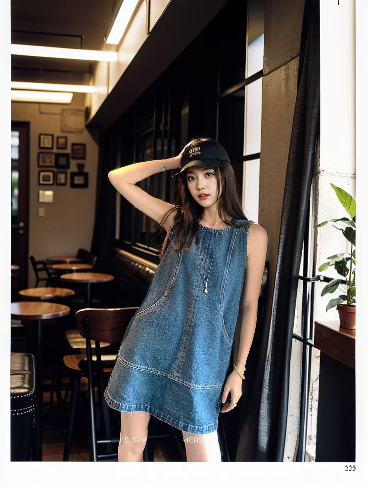 Retro Vest Denim Dress 2025 Summer Fashion Temperament Stitching A Word Street Style Women's Short Skirt