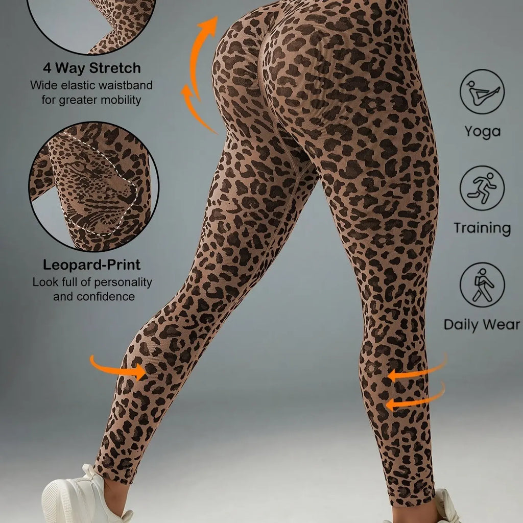 Women Mid‑Rise Fleece Lined Leggings Grey Leopard Print Slim Stretchy Warm Yoga Workout Pants