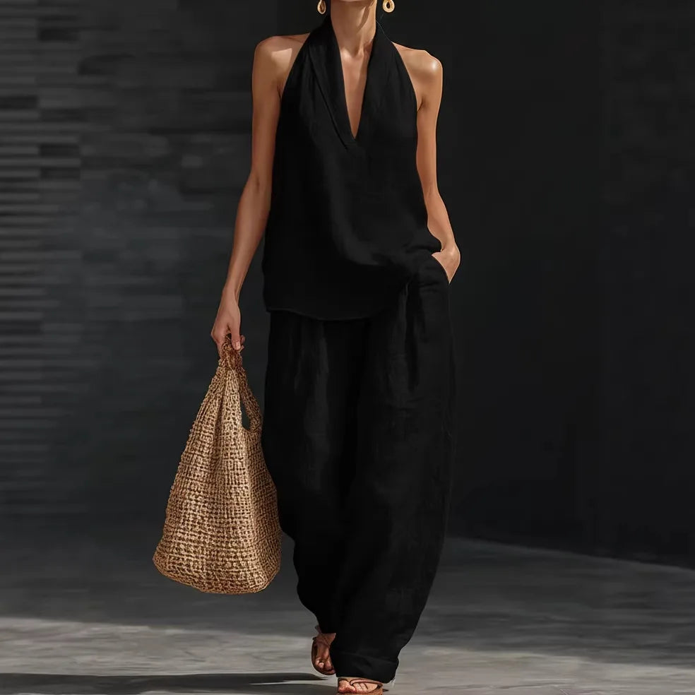 Loose Two-piece Halter Neck V-neck Sleeveless Top Trousers 2026 Summer Women's Fashion Solid Color Casual Womens Matching Sets