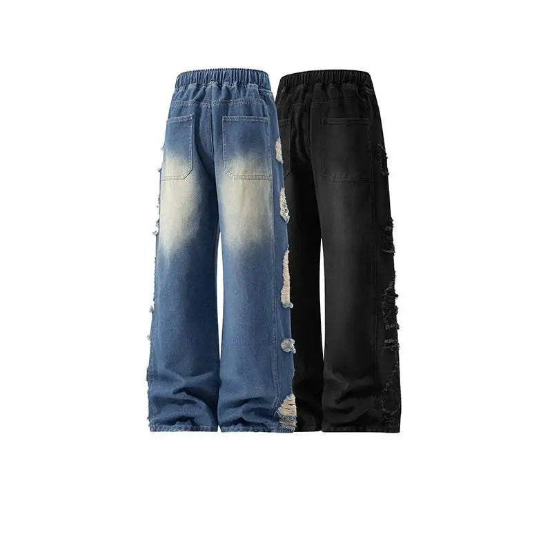 M-XXXL Men's Vintage Washed Jeans American Style Distressed Casual Denim Pants Autumn with Side Rips Drawstring Elastic Waist