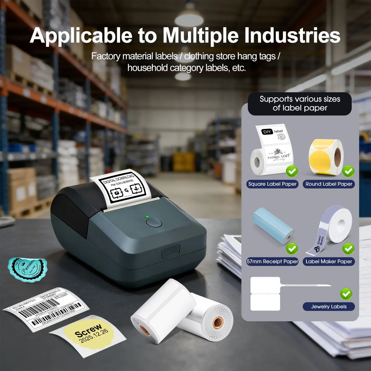 Compact Wireless Thermal Printer, Bluetooth Label Maker, Inkless Printing, Auto Paper Detection for iOS & Android Devices
