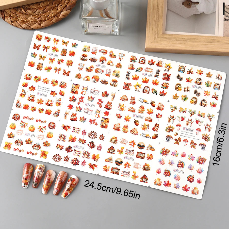 Autumn Maple Leaves Nail Art Stickers Sliders Hedgehog Squirrel  Fall Leaf Turkey Nail Water Transfer Sticker Decal Decorations