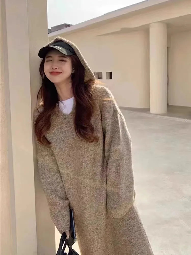 Korean style autumn hooded cashmere sweater long sweater dress loose women's knitted woolen hoodie