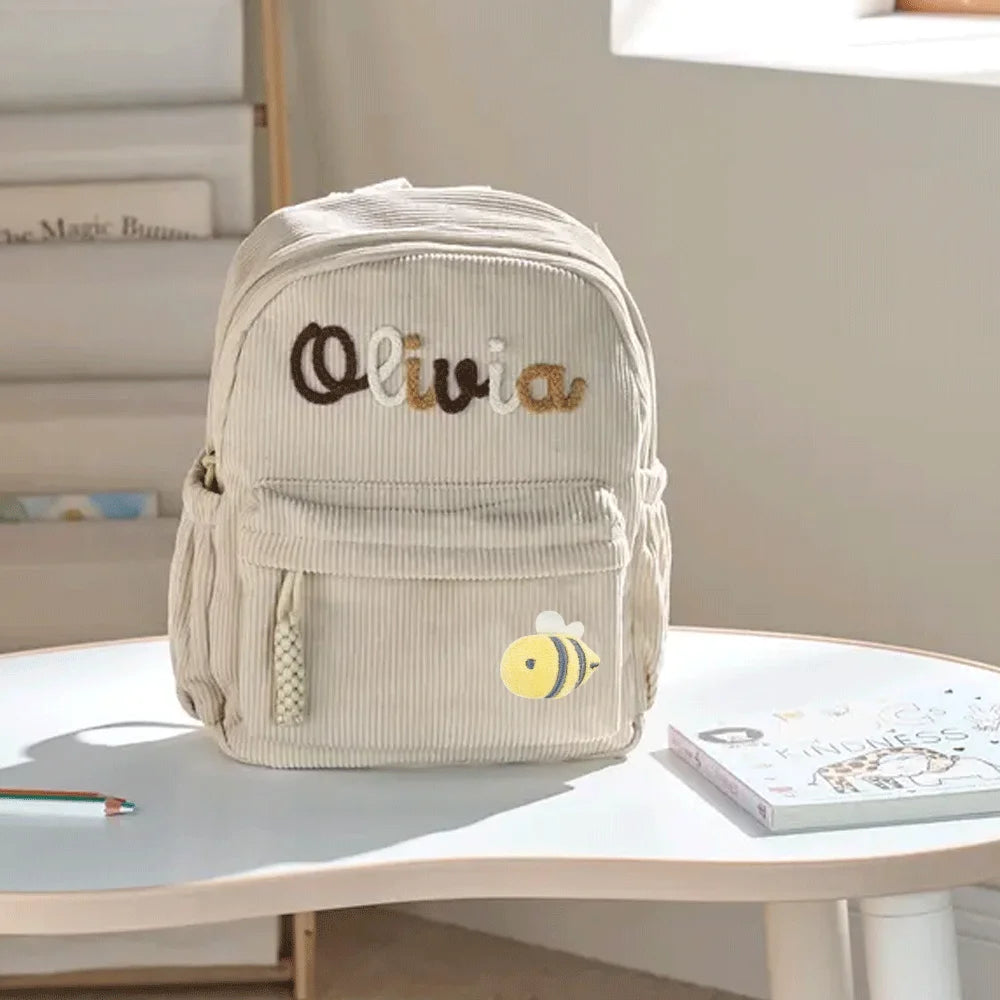 Personalized Small High-Quality Corduroy Backpack – Customizable School Bag with Name Print; Cute and Practical