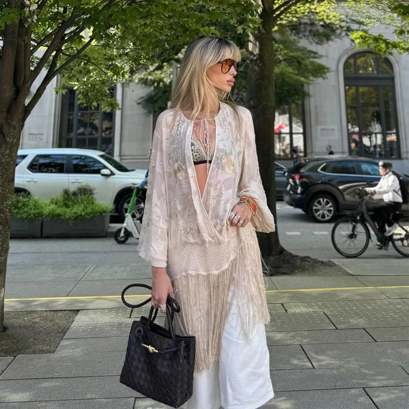 Vintage Embroidered Blouse Tie V Neck Cutout Patchwork Fringe Hem Puff Long Sleeve Tunic Cover Up Women's Relaxed Holiday Wear