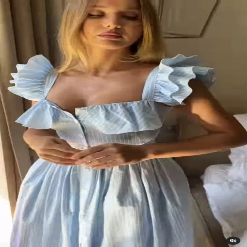 Fashionable Striped Ruffle Pleated Women's Dress Elegant Solid Square Neck Single Button Dresses Female Summer Chic Casual