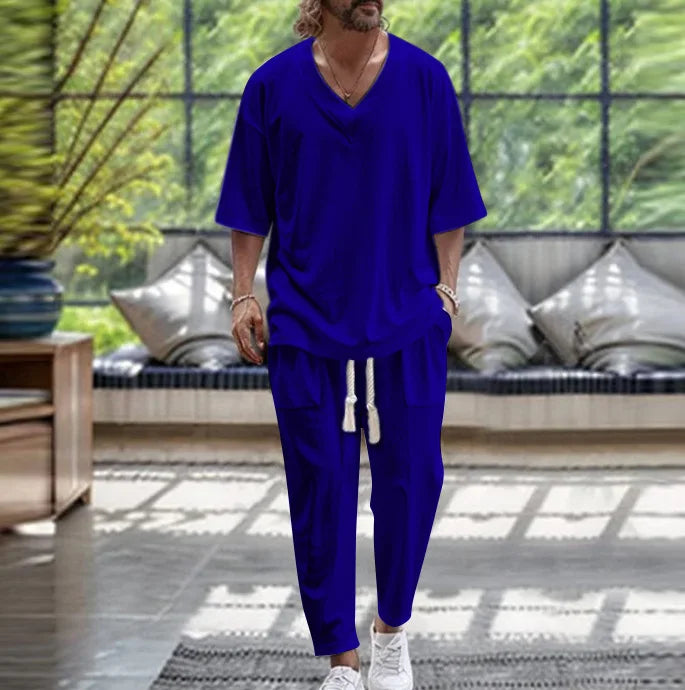2026 Men Two Piece Sets Fashion Solid Tracksuits Summer Half Sleeve V-neck T-Shirt and Pants Loose Casual Outfit Male Streetwear