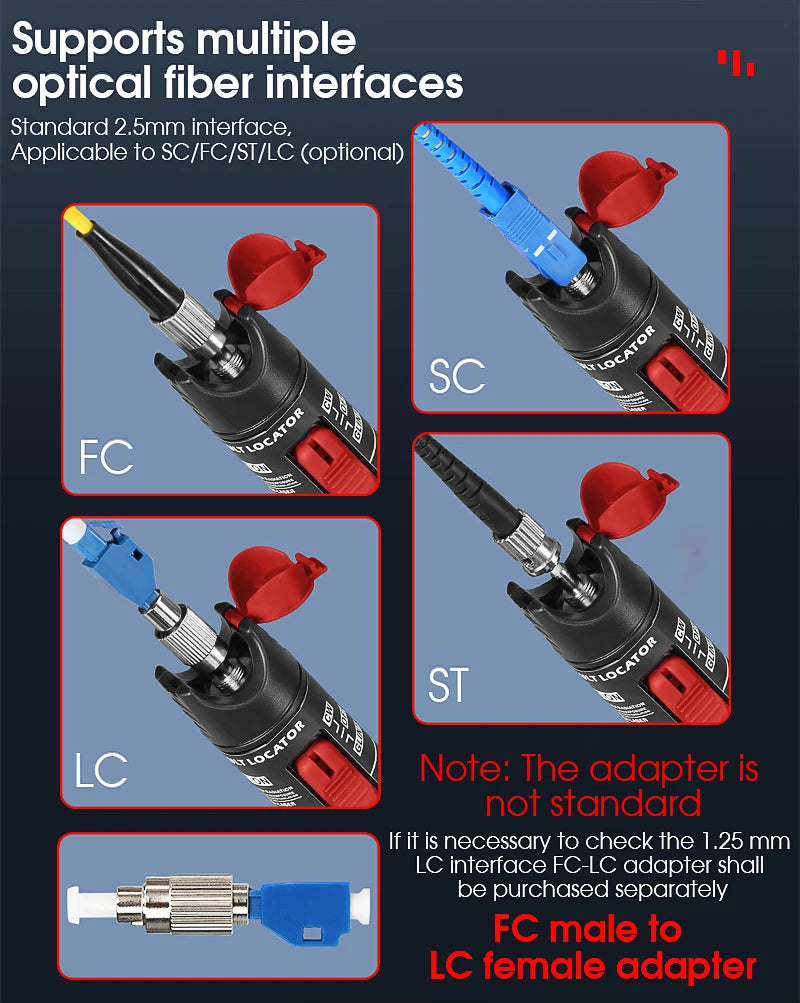 Visual Fault Locator 1/10/20/30/50/60/80MW Fiber Optic Cable Tester Tool FTTH Optical Fiber Tester SC/FC/ST 2.5mm Interface VFL