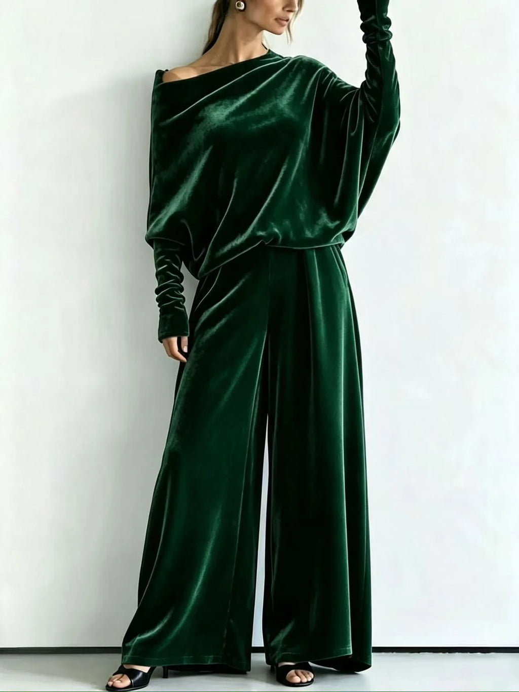 Women's Suit Two Piece Pants Set One Shoulder Batwing Sleeve Velvet Wide Leg Trousers Loose Fit Autumn Winter Tracksuit