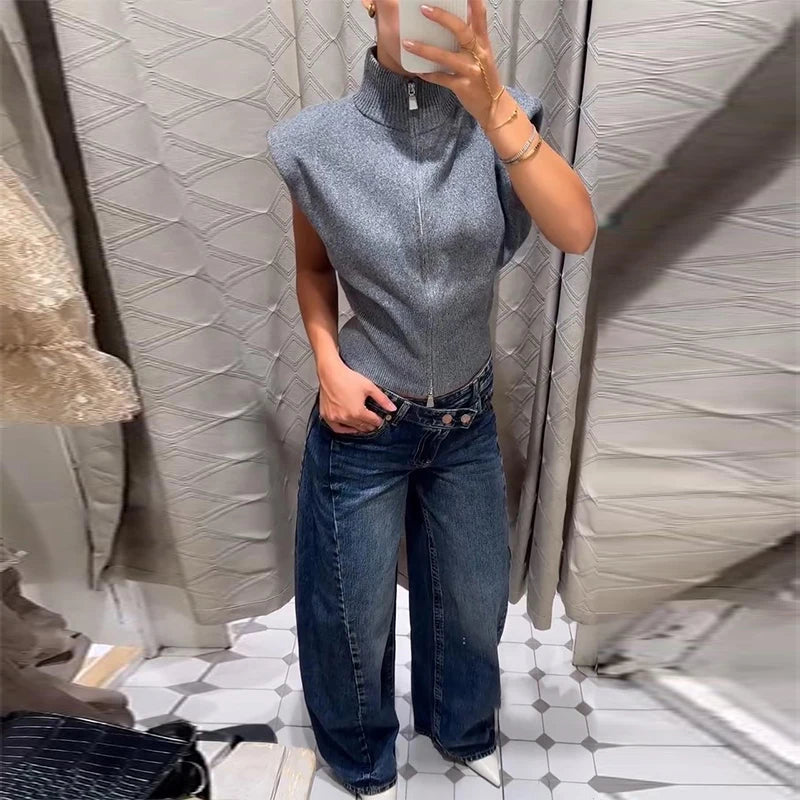 Sleeveless Padded Shoulder Women's Knitted Vest Half Turtleneck Double Zipper Cropped Slim Solid Knit Cardigan Street New Tops