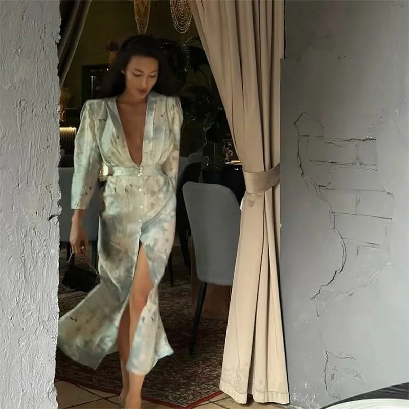 Fashion Printed Deep V Neck Women Slim Dresses Chic Long Sleeve High Waist Dress Summer New Beach Party Lady High Split Vestidos