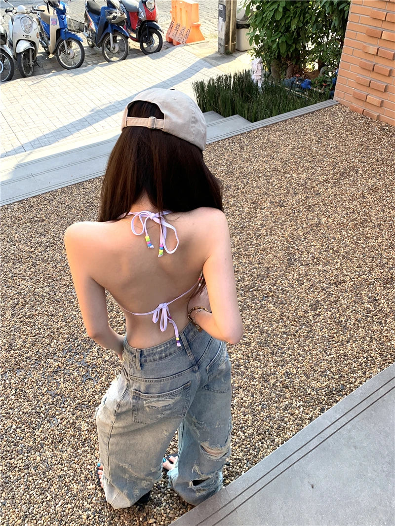 Benuynffy Bf Style Ripped Heavy Industry Straight Jeans Women's Do old High Waisted Y2K Streetwear Loose Wide Leg Trousers