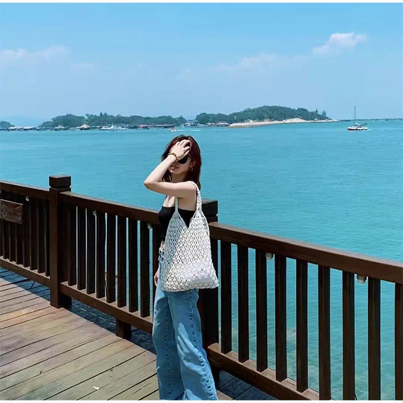 Hollow Crochet Mesh Woven Shoulder Bag With Inner Pocket,Women Solid Color Handbag,Summer Work Beach Vacation Commuting Tote Bag