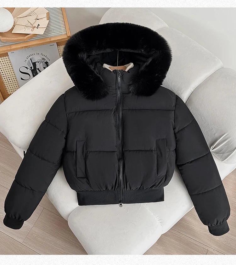 Women's Short Thickened Winter Cotton Jacket Quilted Coat Fur Collar American Retro Style Warm Casual Fashion Regular Fit