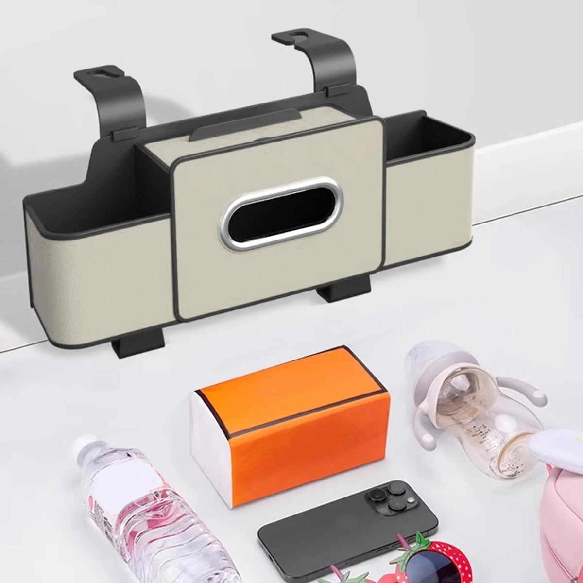 Car Seat Organizer with Tissue Box & 2 Cup Holder Car Backseat Hanging Storage Box for Snacks/Drinks Universal Stowing Tidying