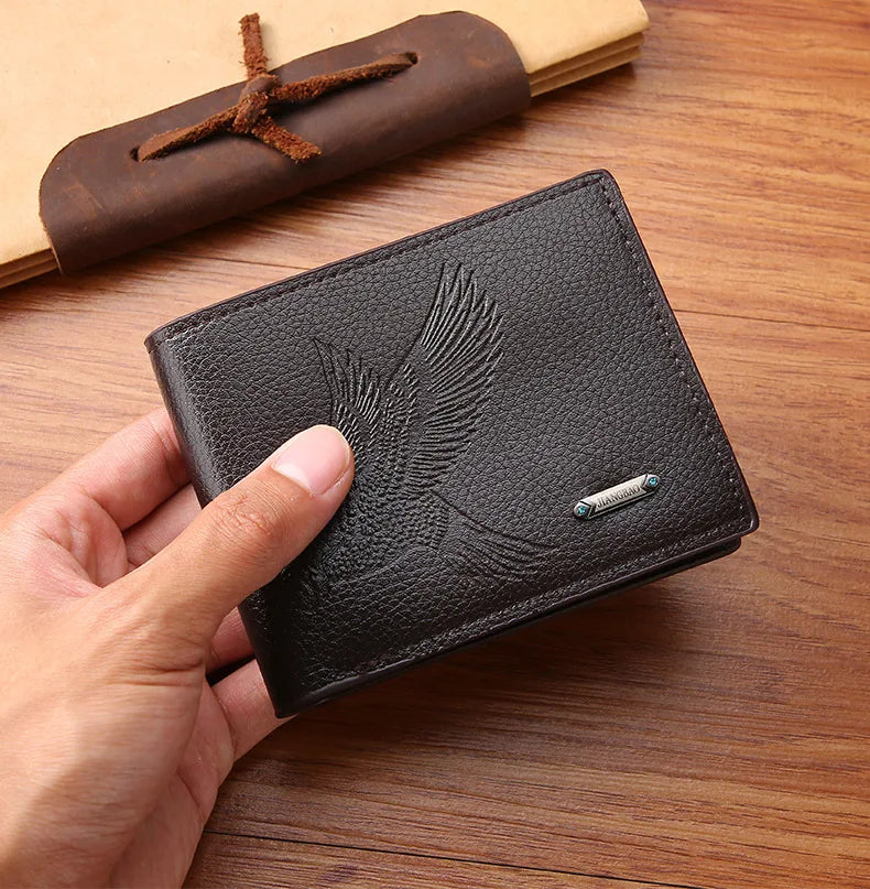 Classic Men's Leather Wallets Slim Minimalist Hawk Pattern Bifold Credit ID Card Holder Wallet Purse Short Thin Money Clip